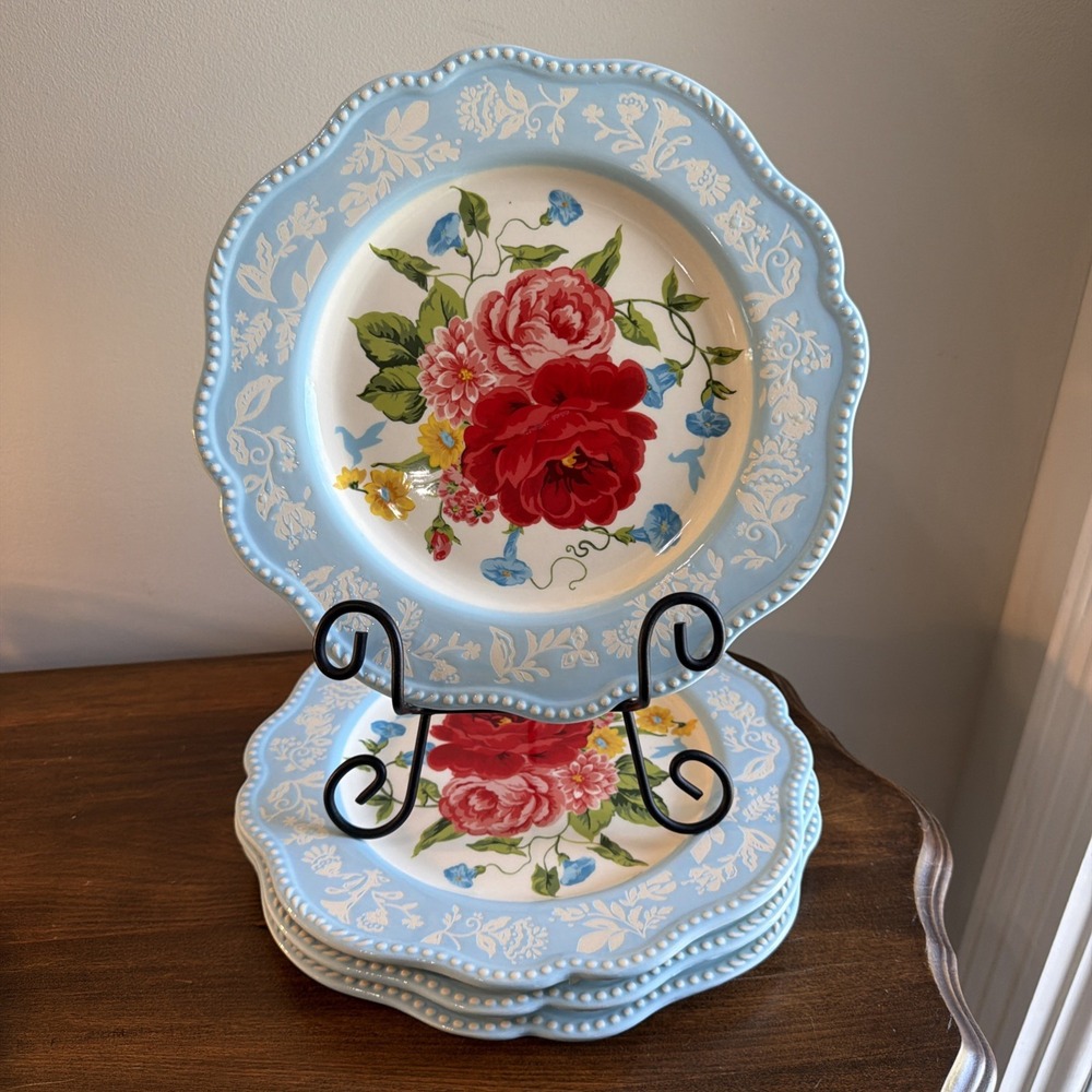 Pioneer Woman Sweet Rose 10.5" Stoneware Dinner Plates Set 4 Blue Floral Scallop
